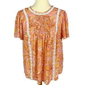 Nanette Lepore Orange Pink Floral Crochet Lace Short Flutter Sleeve Top Medium